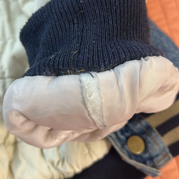 Vintage Denim Trucker Varsity Bomber Jacket Puff Quilted lining Mens Large - Picture 10 of 16